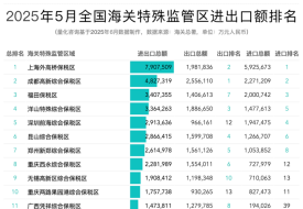 2025年5月及1-5月全國海關(guān)特殊監(jiān)管區(qū)(綜保區(qū)等)進出口貿(mào)易額排名榜單